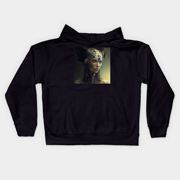 Cyberpunk Sentient AI Female, Green Eyes Kids Hoodie by AICreateWorlds